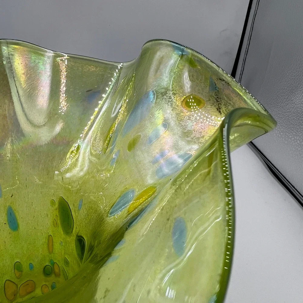 Glass Eye Studio Iridescent Hand Blown Art Glass Ruffle‎ Vase Green Blue